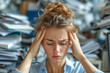 © Old Man Stocker - Exhausted young woman feeling stressed from work with a large pile of documents surrounding her.