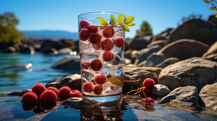 Wall Mural - Photo of granite with raspberry syrup and fresh berries, against the background of turquoise water