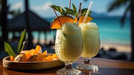 Poster - Pina Kolada cocktail with coconut milk and pineapple juice, decorated with an umbrella against the