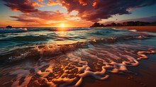 The Beach In The Golden Rays Of Sunset, Where The Water Of The Ocean Seems Fiery, And The Reflecti