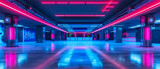 Fototapeta Perspektywa 3d - A vibrant underground space illuminated by neon lights, reflecting a mix of cyberpunk and grunge aesthetics. The perspective showcases the depth and architectural elements.