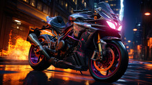 The Free Spirit Of Ryder, Conquering The Road On A Powerful Neon Motorcycle Standing Out In A Dark