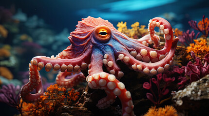 The octopus is gracefully floating at the bottom of the ocean, framed by bright corals, like an ar