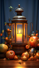 Halloween Still Life With Pumpkins. Candlestick And Candle