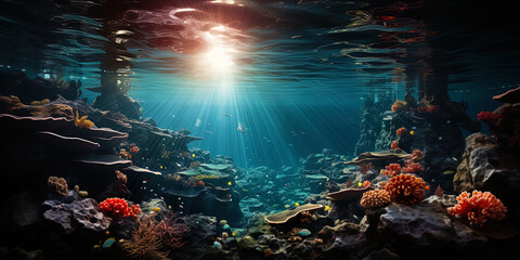 Poster - The sun's rays penetrate into the depths of the ocean, highlighting the bright shades of sea stars