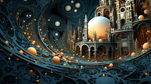 Fractal Illustration Of A Fantasy City With Planets And Stars.