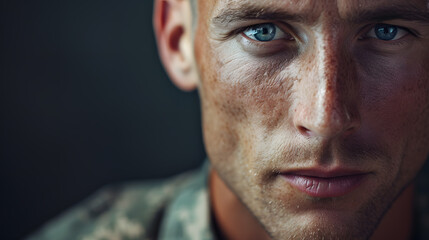 Wall Mural - Dramatic close up facial portrait of soldier. Portrait of a man at war