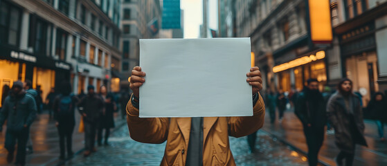 Wall Mural - People person hands holding showing blank white empty paper board frame billboard sign on street for message ad advertising with copy space for text, protest protesting concept