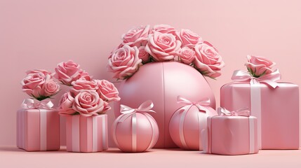 Wall Mural - gift with a bouquet of pink roses