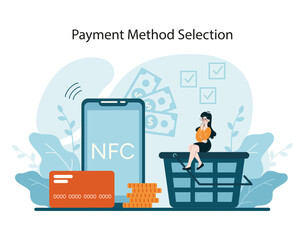 Wall Mural - Payment Method Selection concept. Showcasing options between card, cashless transactions, and cash payments. Highlighting flexibility in financial choices. Flat vector illustration