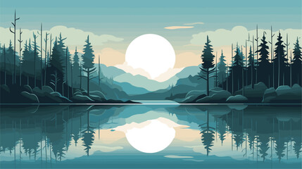 Canvas Print - Peaceful riverside forest scene with a mirrored reflection in the water  symbolizing introspection and inner peace simple minimalist illustration creative