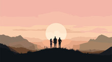 Minimalist Scene With Silhouettes Of Happy Friends Against A Backdrop Of Nature  Expressing The Simplicity And Warmth Of Their Shared Outdoor Experience. Simple Minimalist Illustration Creative