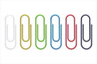 Realistic colorful paper clip set. Metallic fasteners on white background. Shiny metal paper clip, page holder. Office supplies. Vector illustration