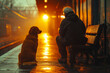 Elderly man seated beside a loyal dog amidst rainfall, AI-generated.