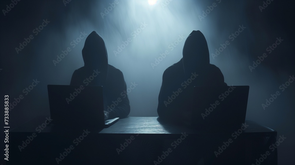 Shadowy silhouettes of cybercriminals at work, representing hackers and ...