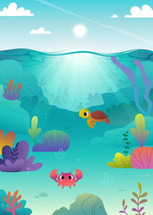 Wall Mural - Cartoon seabed with cute sea animals. Bright vector underwater ocean floor with plants and baby animals.