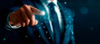 Digital marketing online internet SEO SEM SMM. Businessman pressing button on screen. blue and dark style