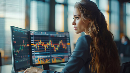 A elegant businesswoman working with Multiply display showing graph and stock on desk in a modern business office tower.