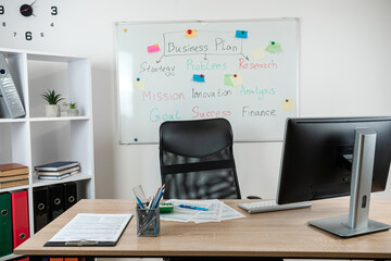 Poster - nobody, workplace with laptop, financial documents  pen calculator at office interior