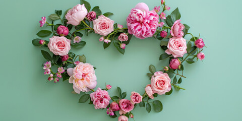 Wall Mural - Heart Shaped Arrangement of Pink Flowers on Green Background