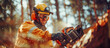 Outdoor work, lumberjack cutting timber with a powerful chainsaw. Forestry worker in action, chainsaw in hand, amidst a forest backdrop.