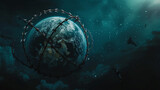 Illustration of a view of the globe from space, wrapped in barbed wire, dark blue background. Space illustration.