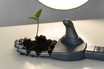 Aufkleber - Robot arm with a plant. Digital transformation in agriculture and smart farming..
