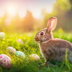 Easter bunny in a field with easter eggs.