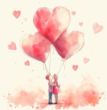 Artistic Cute Illustration Of A Couple Surrounded By Heart-shaped Foliage And Heart Balloon For Valentine's Day. Love Concept Postcard.