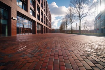 A brick sidewalk with a very large and very modern building.