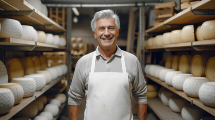 Wall Mural - Adult smiling male cheese maker between cheese storage racks