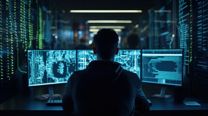 Wall Mural - programmers sit in front of the computer and write the source code and make changes to it