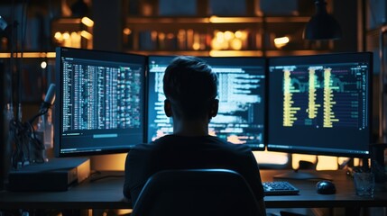 Wall Mural - programmers sit in front of the computer and write the source code and make changes to it