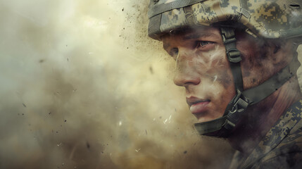 Wall Mural - Dramatic close up portrait of soldier in helmet. Concept of a man at war