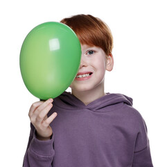 Poster - Boy with green balloon on white background