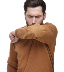 Poster - Sick man coughing into his elbow on white background. Cold symptoms