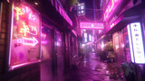 Fototapeta Londyn - a realistic pc desktop wallpaper of a futuristic cyberpunk japanese tokyo city narrow street road at night. pink and purple neon lights on bar boards screens