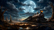Steam locomotive on the background of the full moon. 3D rendering