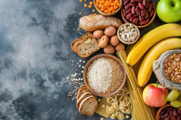Wall Mural - High angle view of various kinds of food rich in carbohydrates like bread, banana, pasta, apple, oat, flour, kidney beans, lentils, raisins, potatoes, sweet potatoes, dates and chick peas. 