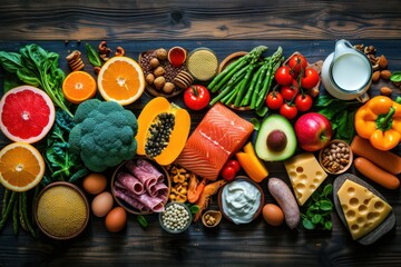  High angle view of various kinds of food types isolated on a rustic wooden background. 