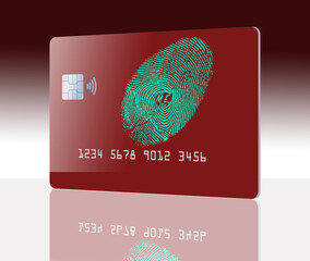 Sticker - A fingerprint on a generic credit card is seen in a 3-d illustration about credit card security features.