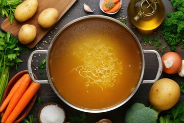 Wall Mural - Top view of a cooking pan filled with broth surrounded by the ingredients for cooking a chicken soup 