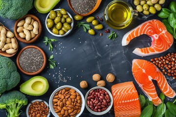 Top view of an assortment of food rich in Omega-3 