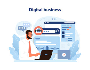 Digital Business concept. Man engages with online analytics and marketing data. Exploring digital strategies for business success. Flat vector illustration.