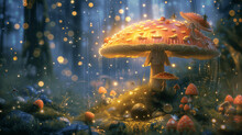 Enchanted Toadstool Under A Spell Of Golden Rain