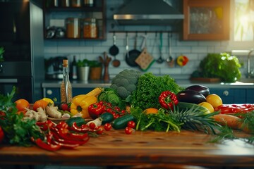 Kitchen table with various fresh vegetables and fruits for healthy and diet food with space for your product or text