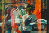 Fototapeta  - A girl in a clothing store behind a panoramic glass showcase chooses her products and looks at the assortment and variety of choices, shopping