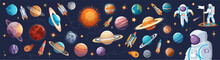 Background Design With Many Planets In Space Illustration. Space Icon Set And Astronaut