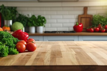 Kitchen table with various fresh vegetables and fruits for healthy and diet food with space for your product or text