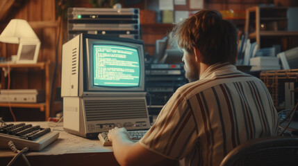 Caucasian Male Hardware Engineer Programming On Old Desktop Computer In Retro Garage. Experienced Software Developer Writing Code For New Innovative Operating System In Nineties